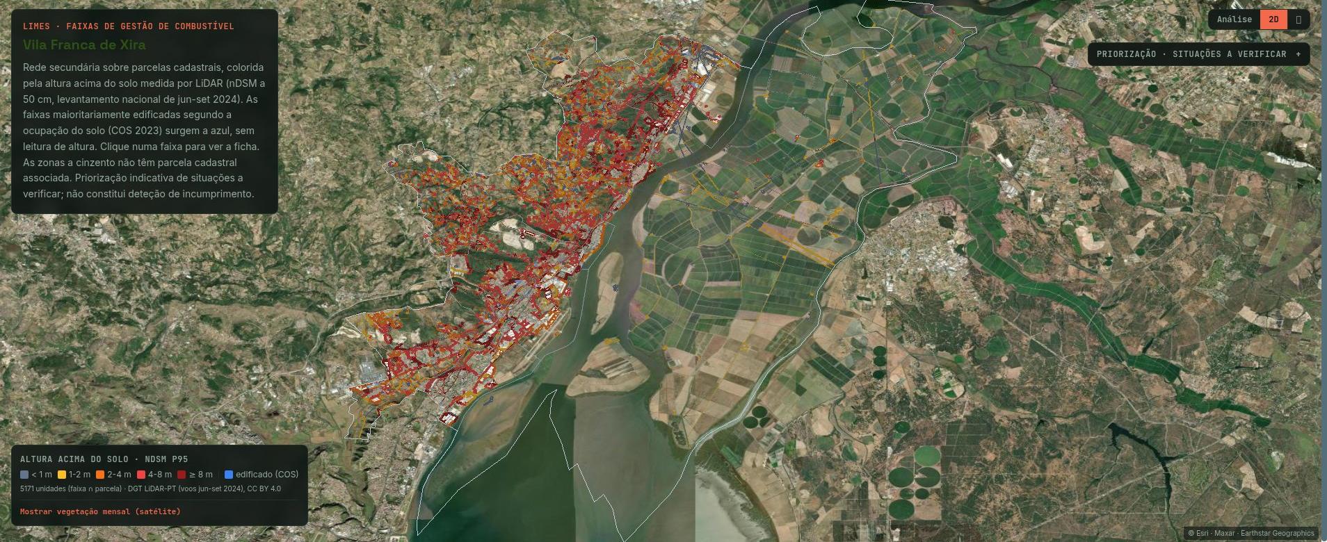 Vista bidimensional do console do piloto sobre o concelho de Vila Franca de Xira, com a rede de faixas de gestão de combustível colorida pela altura da vegetação